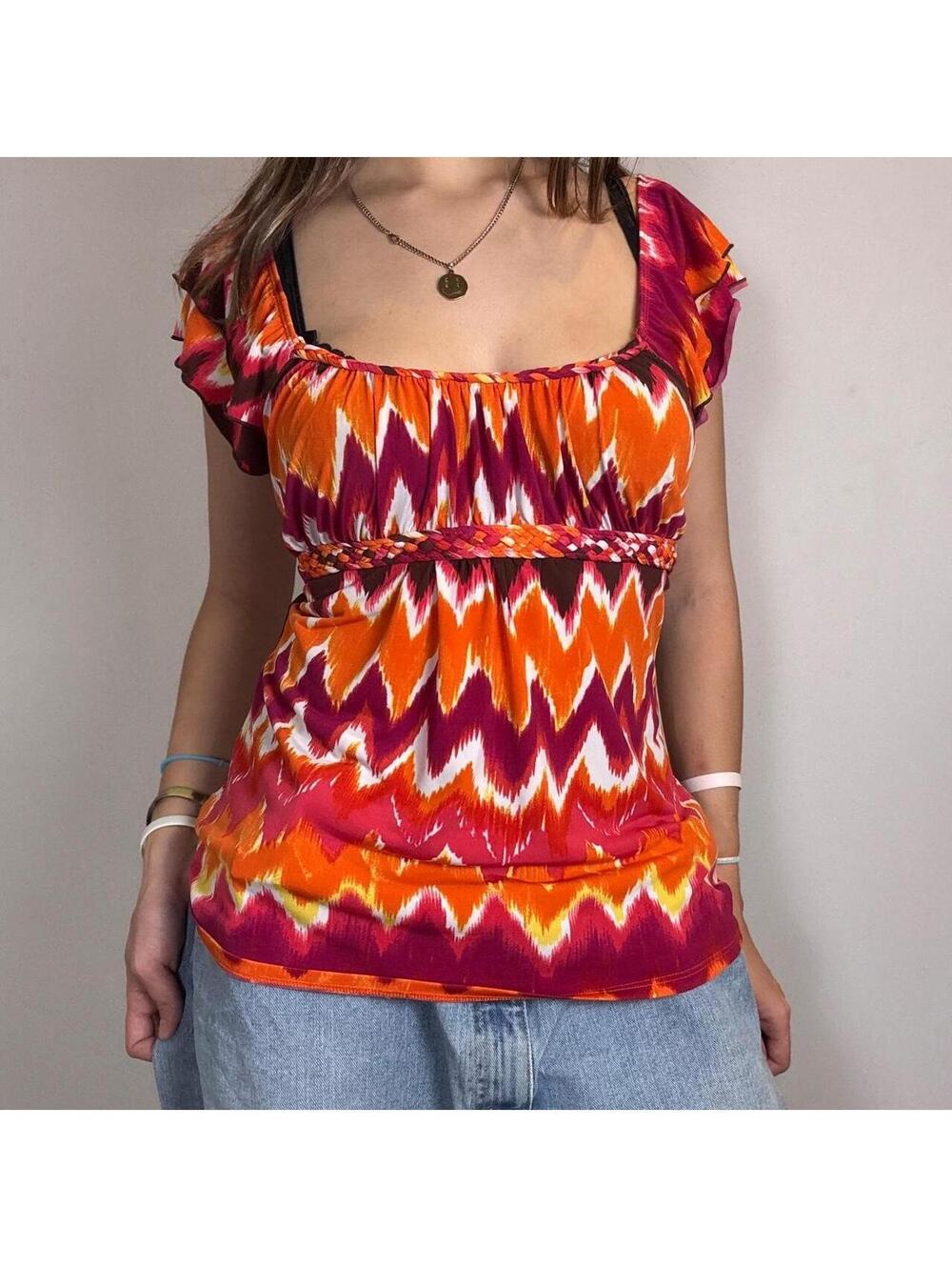 Heart Soul bright orange and pink flowy babydoll top with tie back!! Size large